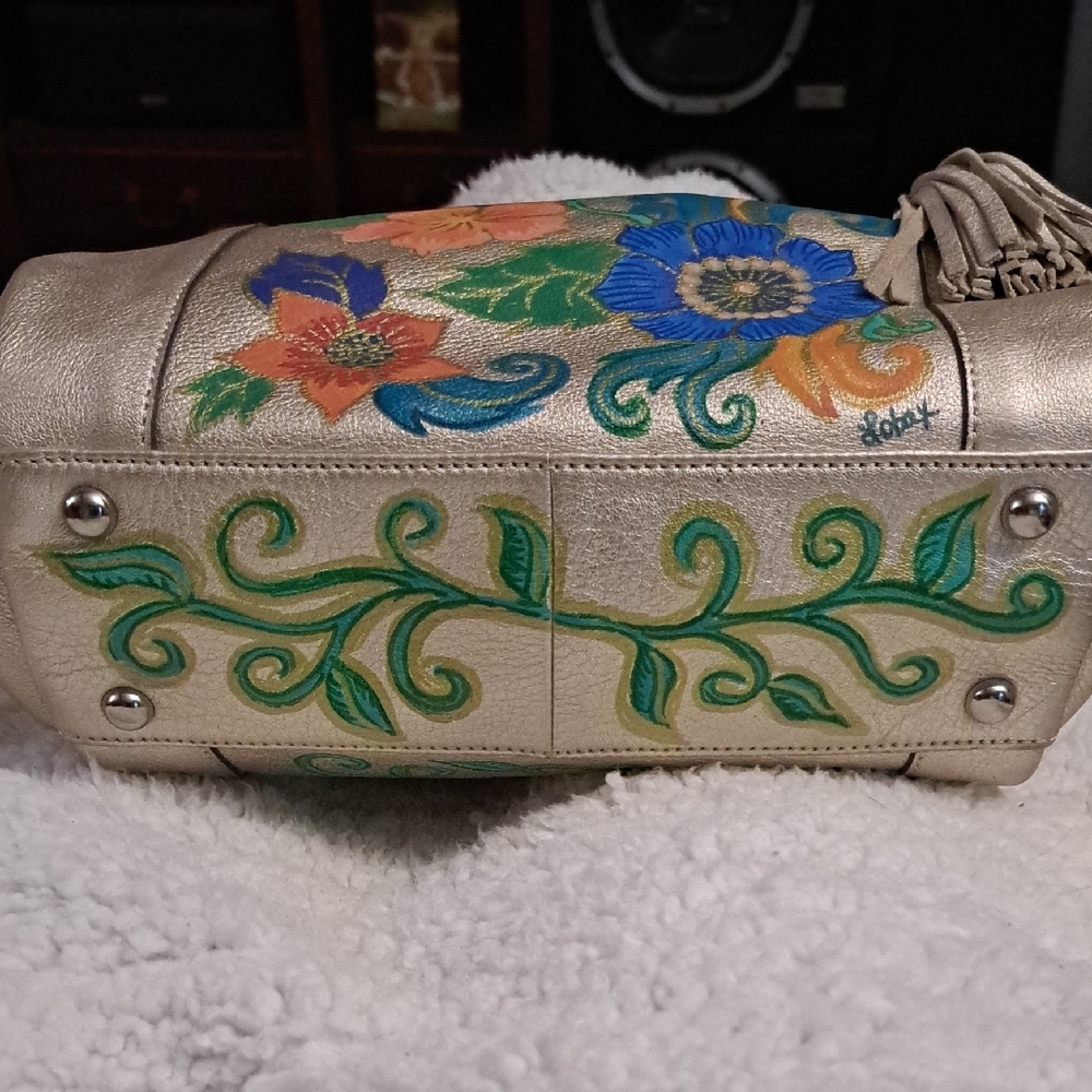 Hand Painted Gold Satchel Purse Bag with Floral Design - Picture 3 of 17